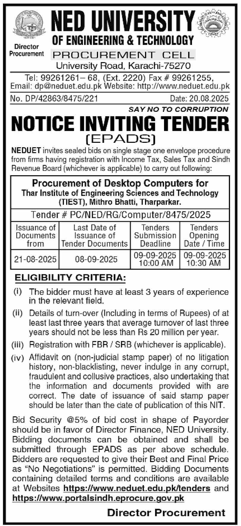 Ned University of Engineering & Technology Karachi Tender Notice